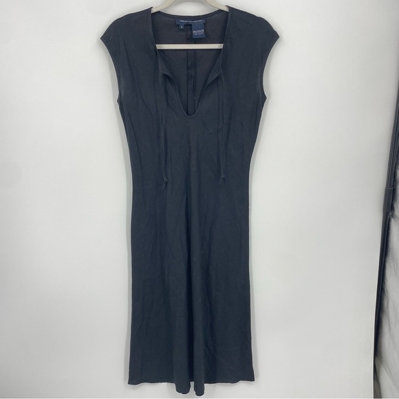 100% Linen French Connection midi Dress black tie keyhole neck Sz 6 cap sleeve - Picture 1 of 7